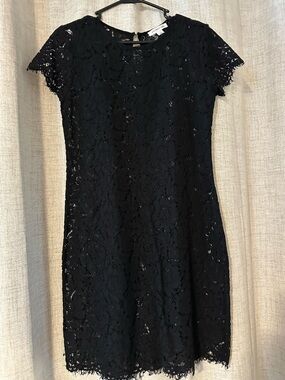 Women's Black Lace Mini Dress - Elegant Short Sleeve Style
